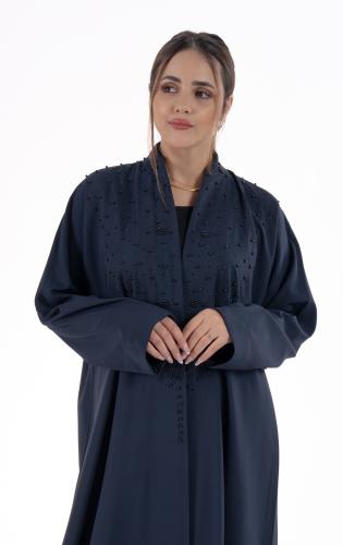 عباية كحلي فخمة مطرزة بالكامل بحبات اللؤلؤ الاسود