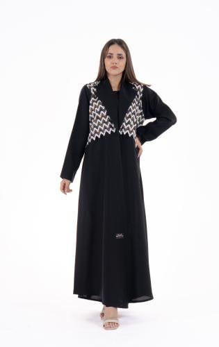 عباية سوداء بليزر بتطريز موجي ملوّن بقماش منمّت فا...