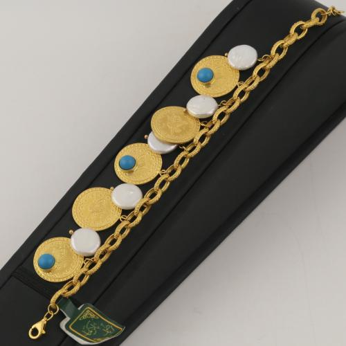 اسوارة ذهب جنزير مع دلايات دائرية و لؤلؤ - عيار 21