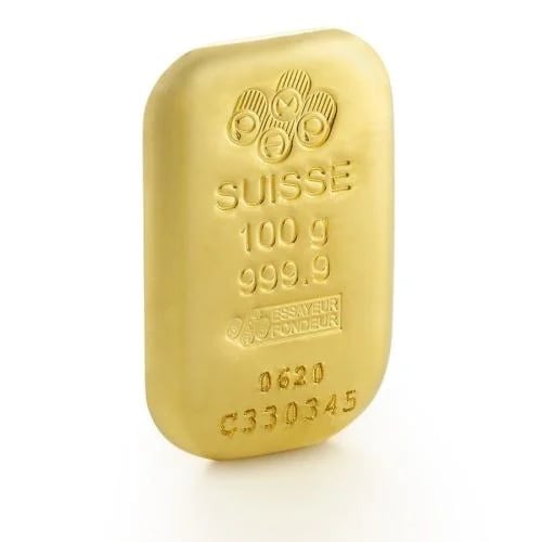 Swiss savings gold bar weighing 100 grams, 24 karat