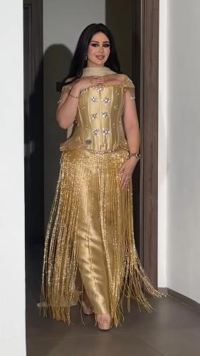 فستان سهره ميكادو تطريز هدب ذهبي