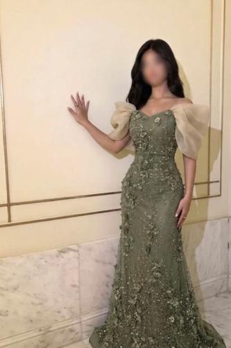 فستان سهرة زيتي تفته على جازار وقماش ورود و خرز طويل للمناسبات والأعراس متجر مولين