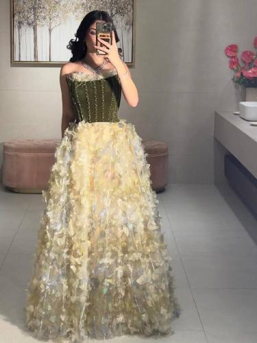 فستان سهره اصفر على اخضر زيتوني