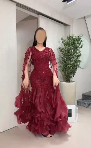 فستان سهرة برغندي باربي مع ورد على جازار طويل للمناسبات والأعراس متجر مولين