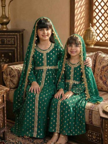 فستان ماكسي طويل الأكمام للفتيات الصغيرات المسلمات العربيات من الشرق الأوسط، بلون أخضر ميرمية، خريفي، أنيق وتقليدي، مزين بنقاط معد...