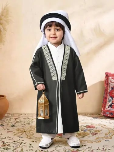 طقم فستان عربي للأطفال الذكور من قطعتين، كارديجان طويل بشريط ذهبي عتيق وقميص، أسود وأبيض، خريفي، محتشم، لضيف الزفاف
