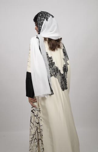 Black and off-white silk abaya with black lace
