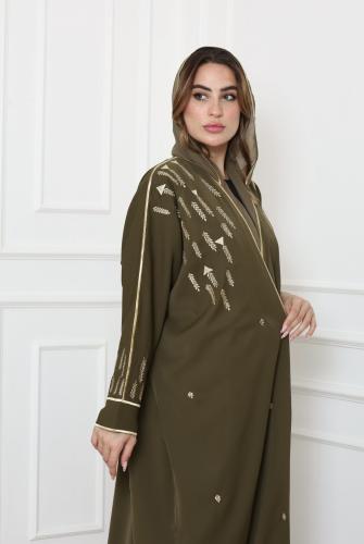 عباية كريب زيتي بتطريز قصب ذهبي