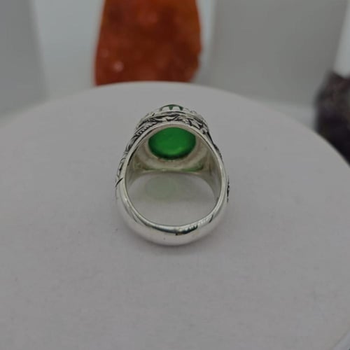 خاتم بحجر الجاد البورمي نقشة سفين ونخلة _فضة 950