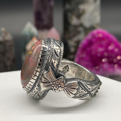 خاتم رجالي اوبال اثيوبي طبيعي نقشة البومة الفضة صب