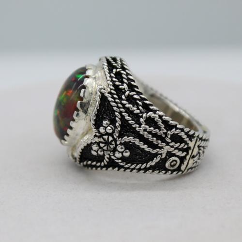 خاتم فضة رجالي بحجر اوبال اثيوبي طبيعي