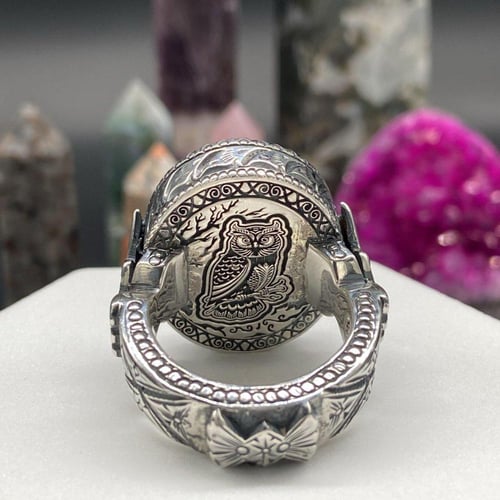 خاتم رجالي اوبال اثيوبي طبيعي نقشة البومة الفضة صب