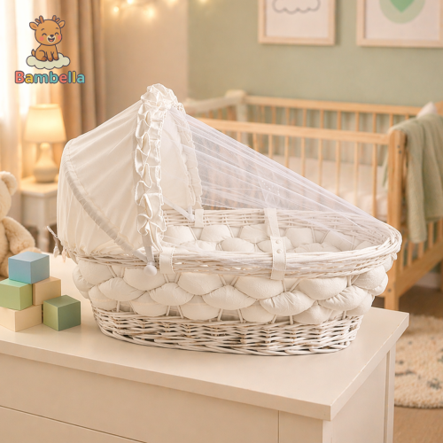White bamboo Moses basket braided white