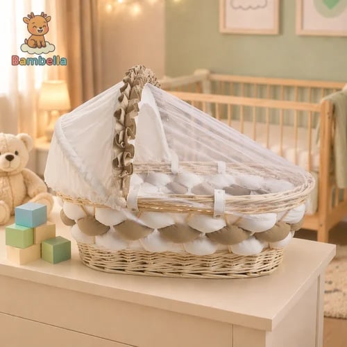 White bamboo Moses basket, beige braid