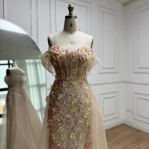 فستان اوف شولدر بتطريز ورود وكرستالات