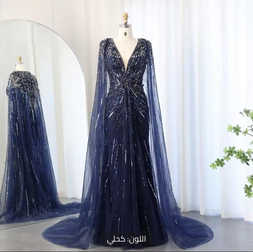 فستان سهره مزين بالكرستال رقبه حرفV