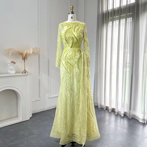 فستان راقي من التل المطرز مع ذيل جانبي