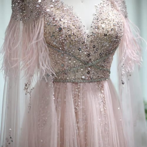 فستان تل بتطريز على الصدر ومزين بالريش