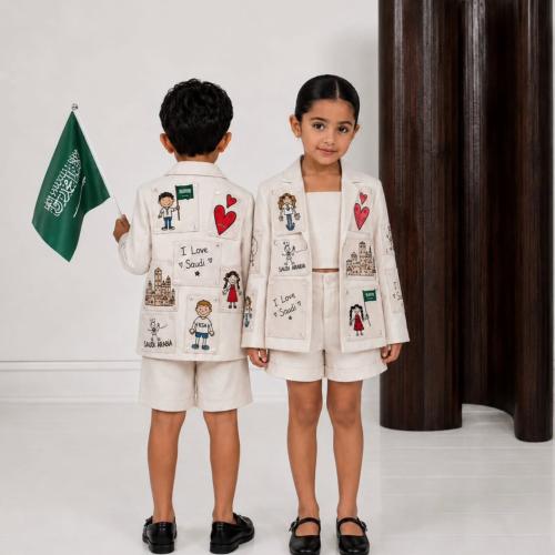 طقم أطفال صنع في السعودية جاكيت كتان +شورت اليوم الوطني