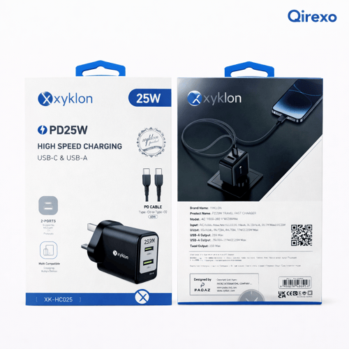زيكلون - شاحن جداري PD 25W بمنفذين USB-C وUSB-A