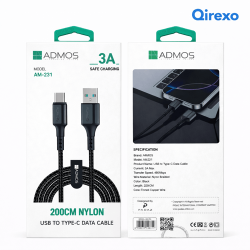 أدموس - كيبل شحن ونقل بيانات USB إلى Type-C نايلون...
