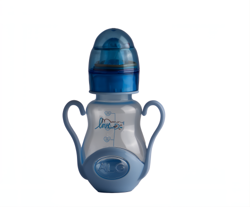 Concave blue feeding bottle with a cap base and a whistle, 150 ml
