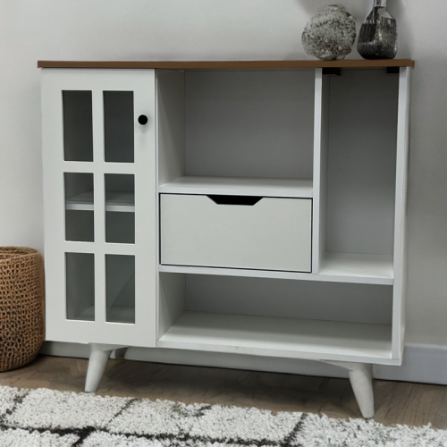 دولاب كافيه (كورنر) خشب ابيض بسطح بيج 2باب 3رفوف ر...