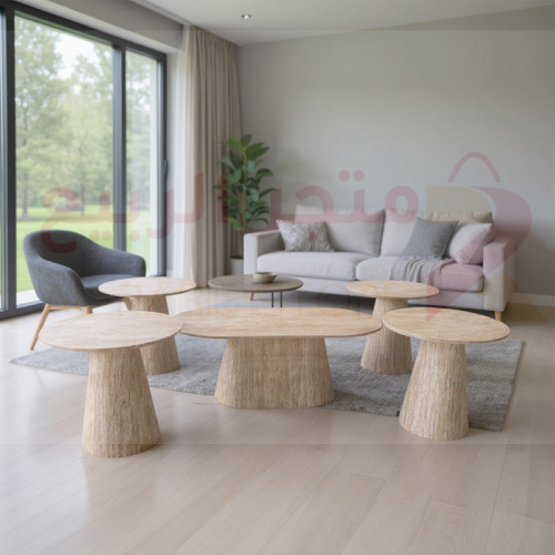 طقم طاولات كنب خشب بيج 5قطع رقم 2579