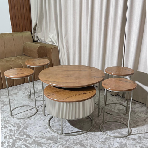 طقم طاولات خشب 6قطع هيكل حديد رقم 00055