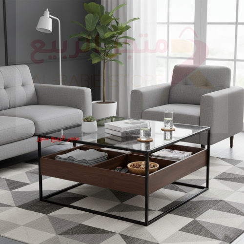 طاولة ضيافة مفردة سطح زجاج مربع بهيكل حديد رقم 23W...