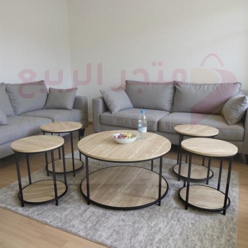 طقم طاولات كنب خشب 5قطع هيكل حديد رقم SFC40370