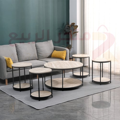 طقم طاولات كنب خشب 5قطع هيكل حديد رقم SFC40370