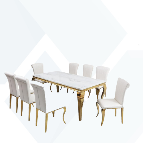 طاولة طعام رخام قواعد استيل 8كراسي