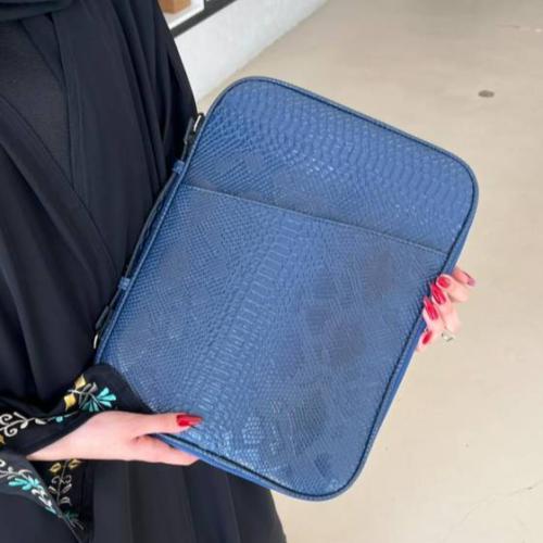Leather snake skin laptop bag navy blue