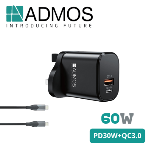 شاحن مع كابل ADMOS بقوة 60 واط (PD 30W + QC 3.0)