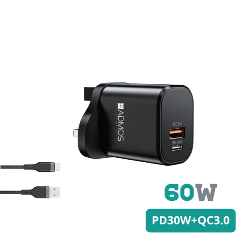 شاحن مع كابل ADMOS بقوة 60 واط (PD 30W + QC 3.0)