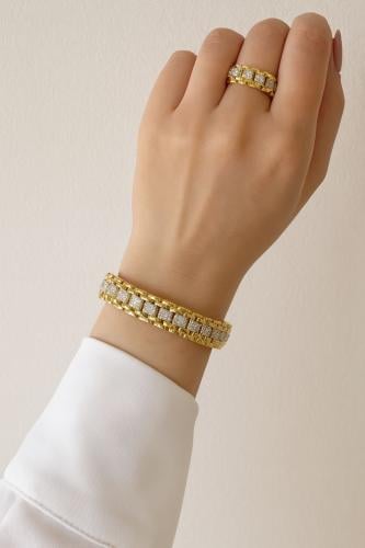 طقم أسوارة مع خاتم بتصميم مستوحى من رولكس مطلي ذهب...