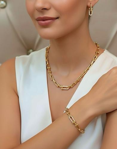 طقم بتصميم مستوحى من تيفاني من ثلاث قطع مطلي ذهب ع...