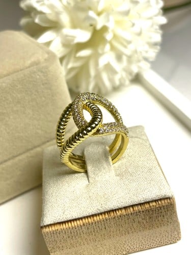 خاتم متداخل مرصع بالزركون من طرف واحد مفتوح مطلي ذ...