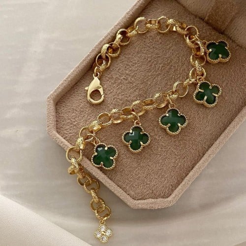 جنزير مطلي ذهب مع وردات فان كليف لون أخضر MB-069