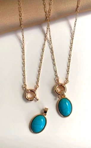 سلسلة طويلة لون ذهبي مع حجر فيروزي مميز مطلي ذهب ع...