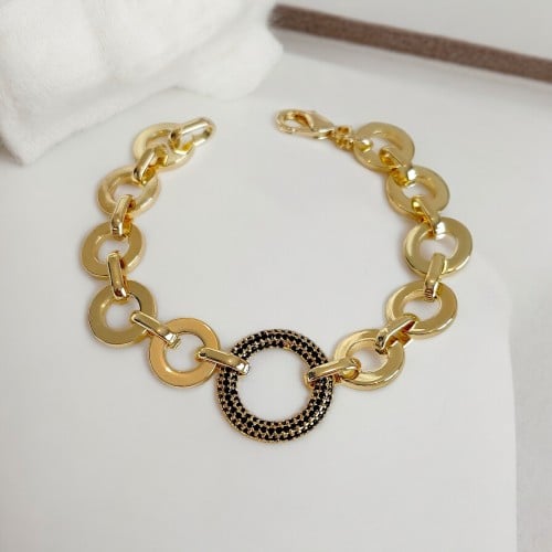 سوار جنزير مع قلادة بشكل حلقة لون كحلي مطلي ذهب. M...