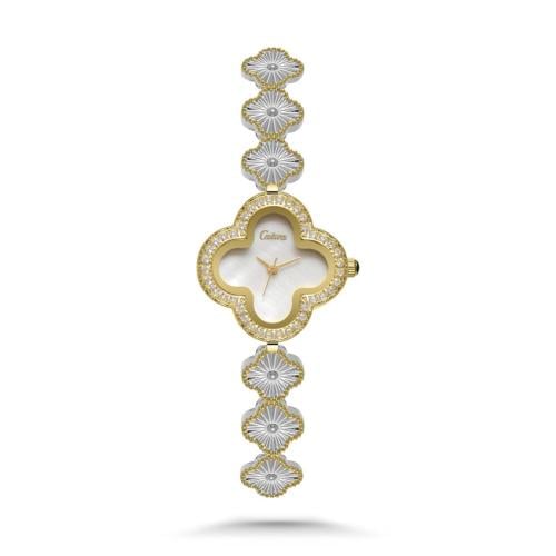 ساعة نسائية بإطار الوردة بسير ستيل بلون فضي وذهبي...