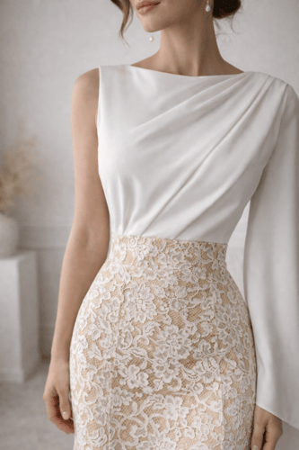 فستان ناعم بدانتيل ذهبي وبكم مفرد