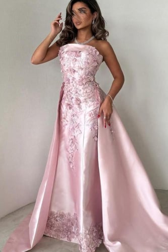 فستان سهرة بقماش ميكادو مزين بالورود