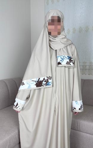Beige plain prayer cover with sleeve end zipper and patterned head covering