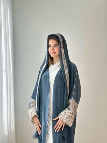 لينن مغسول ازرق مع أكمام كروشيه