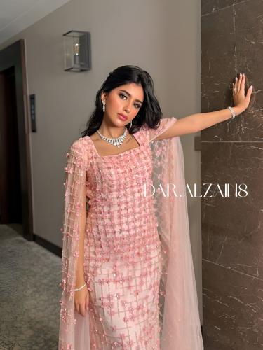 Pink dress – Hand-embroidered evening dress fully with long sleeves