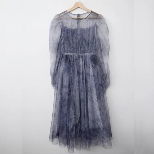 فستان صيفي مزين بطباعة بأكمام منتفخة , متوسط الطول