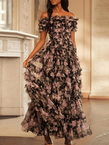 فستان نسائي طويل ، قصير الأكمام ، أنيق .